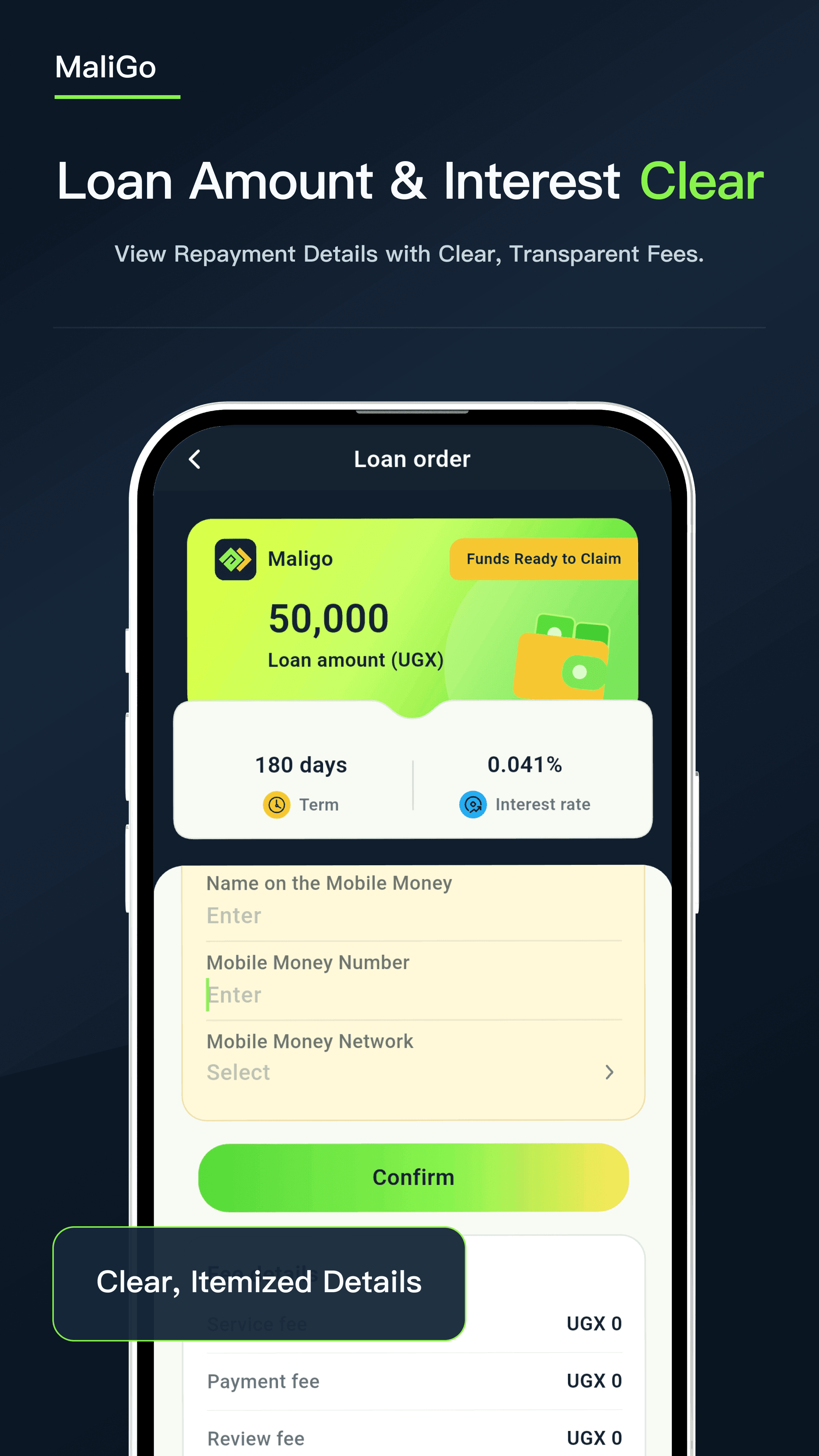 MaliGo app screen showing the loan amount, term and repayment details together.